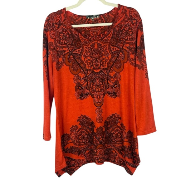 Domani Casual Stylish Cotton Blend Orange & Black Mandala Inspired Boho Top L - Picture 1 of 11